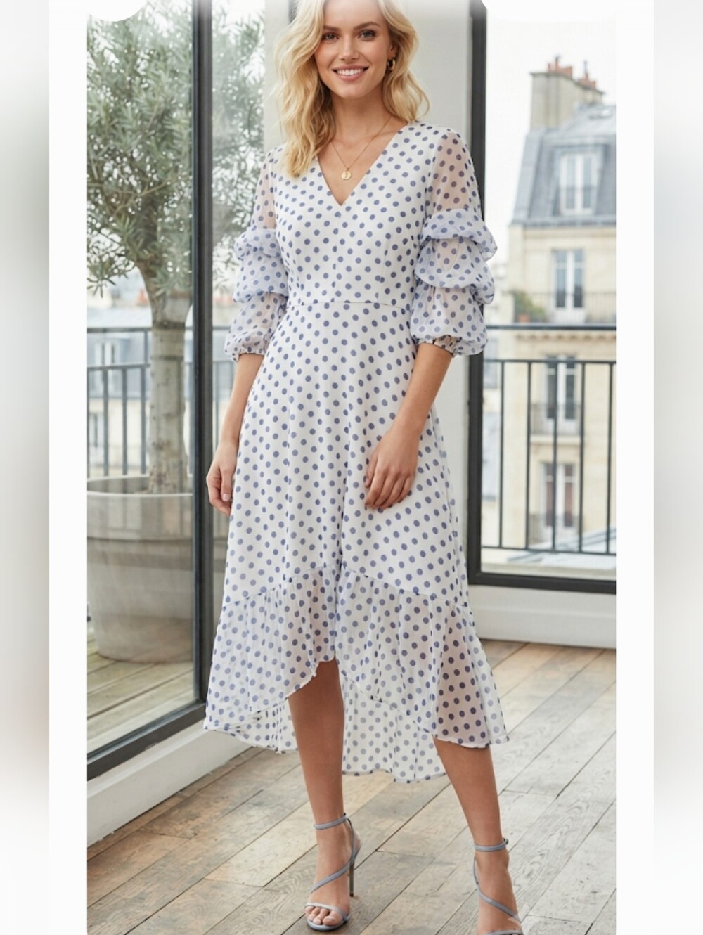Danny & Nicole White Blue Polkdots Midi Dress Size 16 W